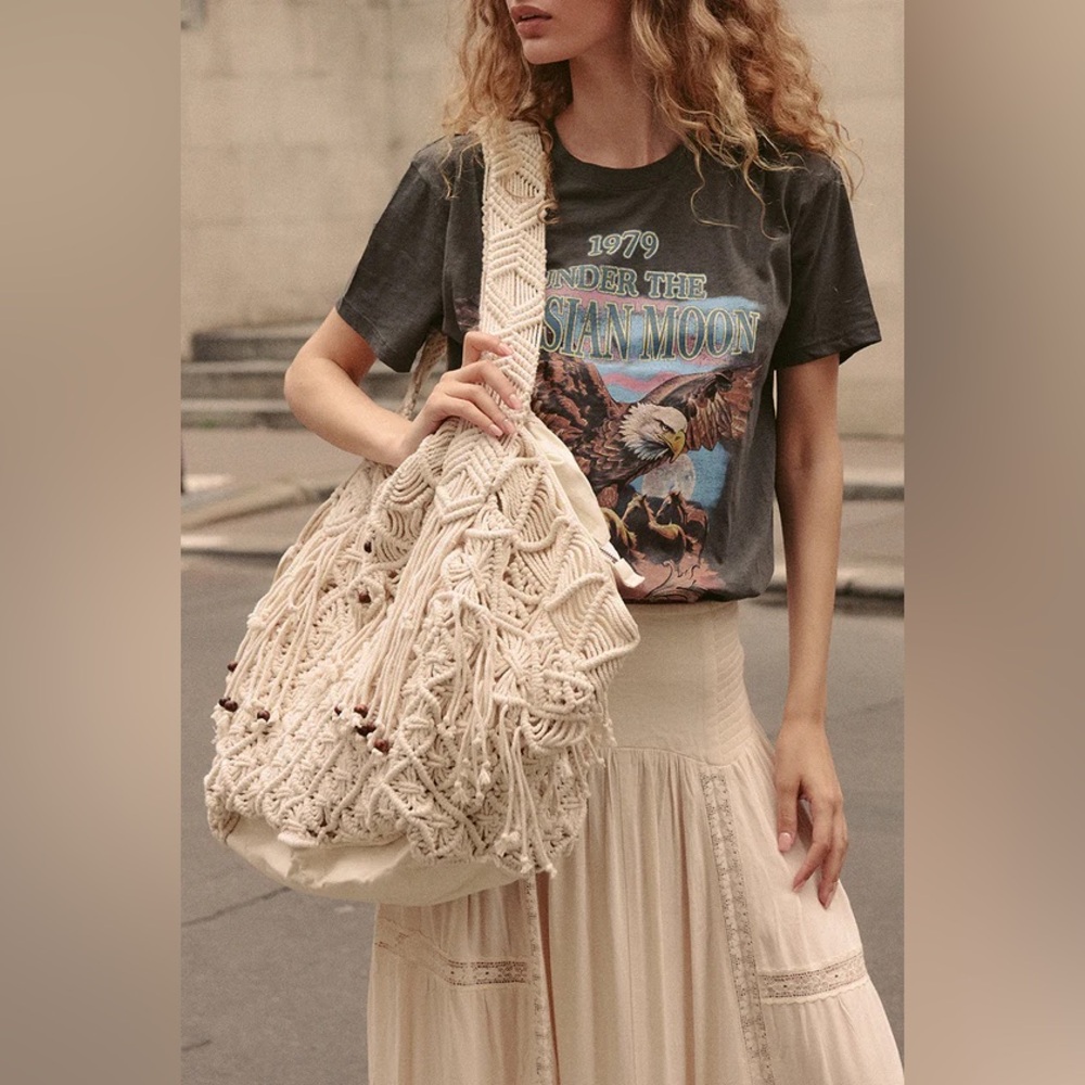 Spell Anthropologie “Sister Honey” Cream Macrame Boho Beach Tote Shoulder Bag - Picture 3 of 8